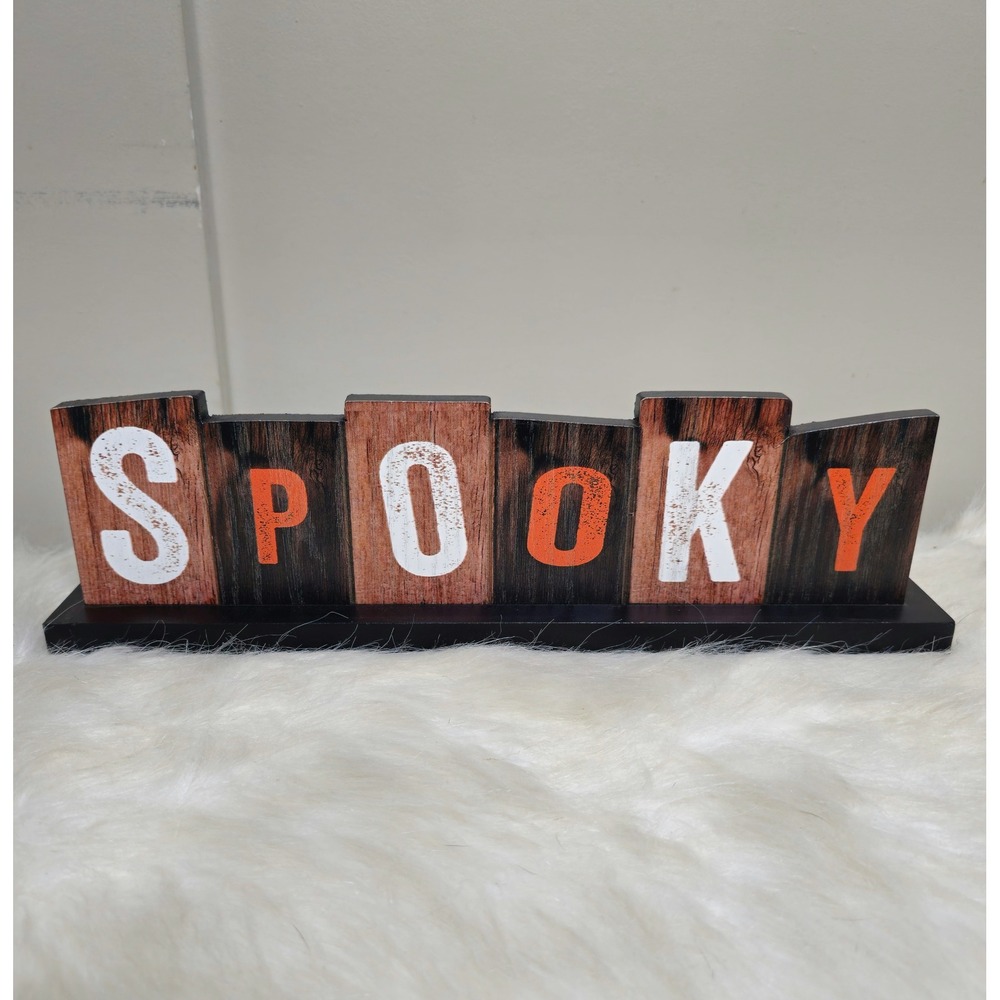 Halloween Spooky Wood Block Sign Rustic Tabletop Decor Black Orange White